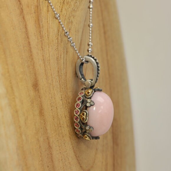 Vintage Pink Opal Pendant in Sterling Silver and 18k Gold with Natural Tourmalin - Picture 4 of 9